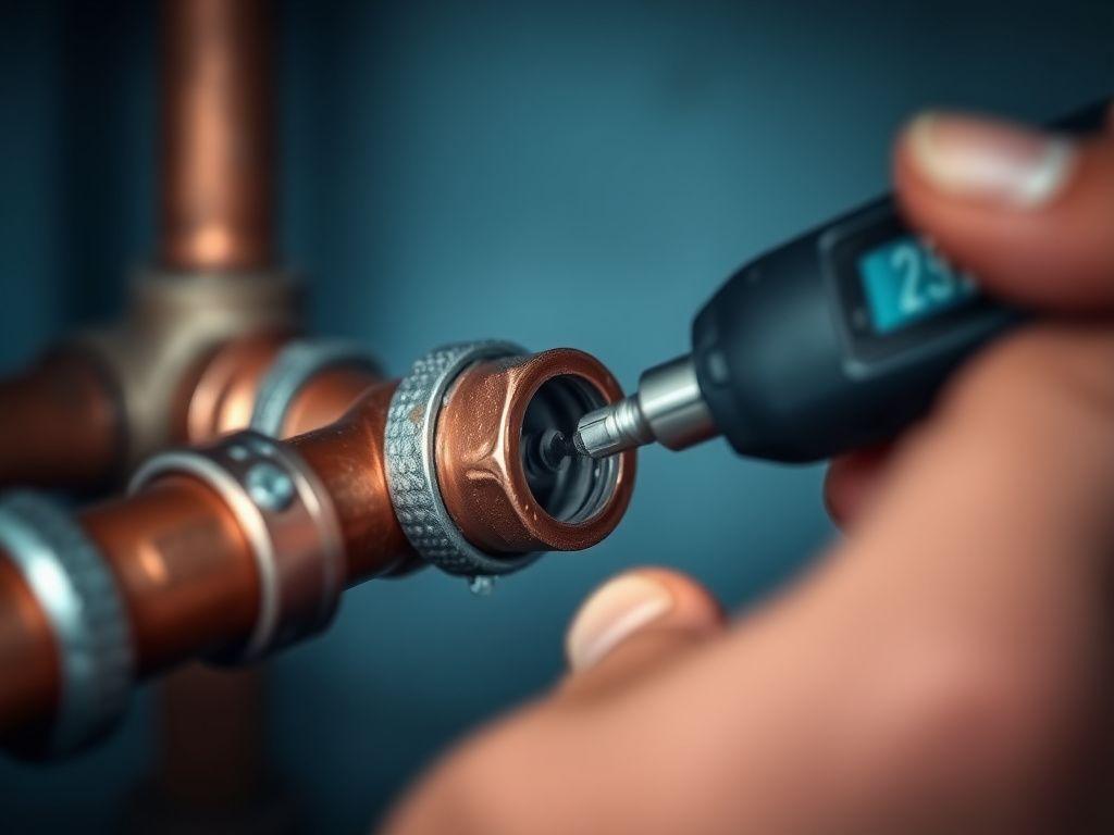 Plumber inspecting a pipe joint for leaks with a moisture reading