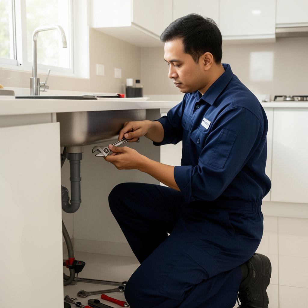 PlumbCare technician fixing pipework under a sink in a Kuala Lumpur home