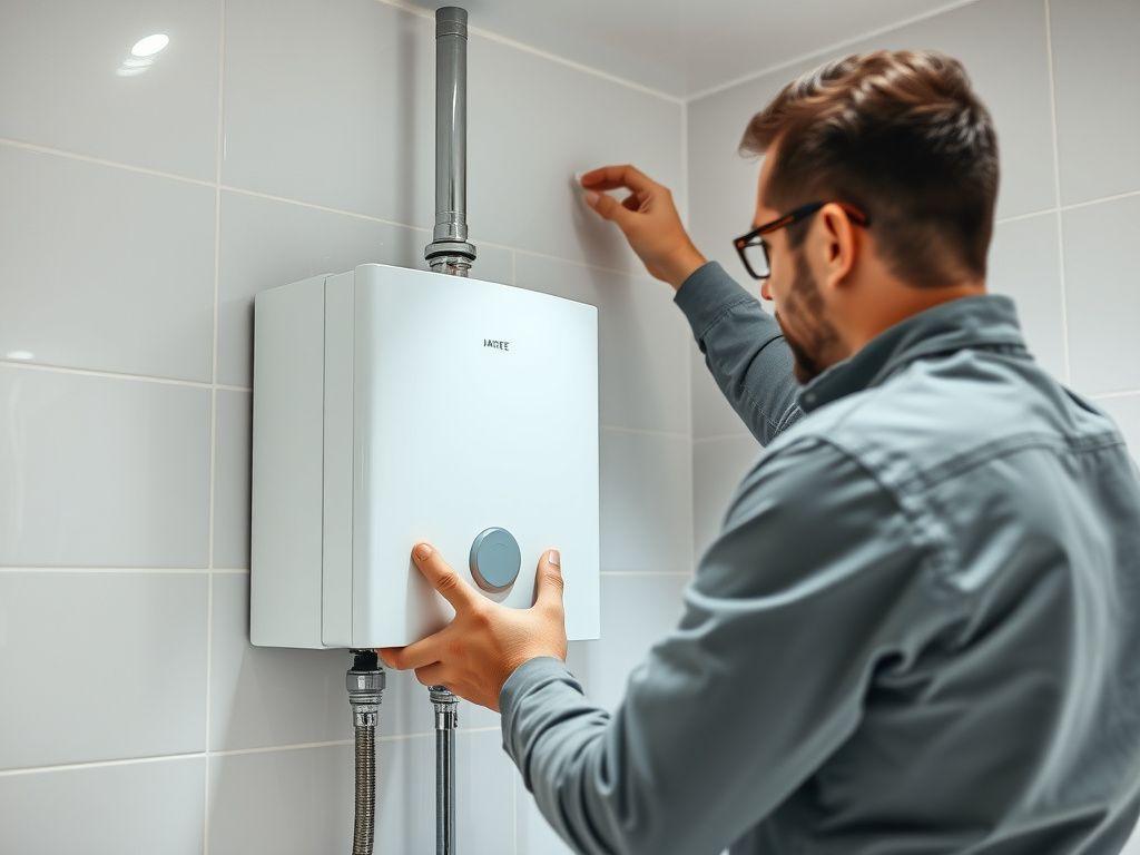 Technician mounting and connecting a wall water heater in a bathroom
